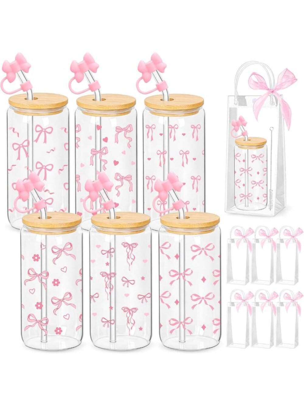 Coquette Pink Bow Glass Cups Set - 6 Stylish Drinkware with Lids & Straws